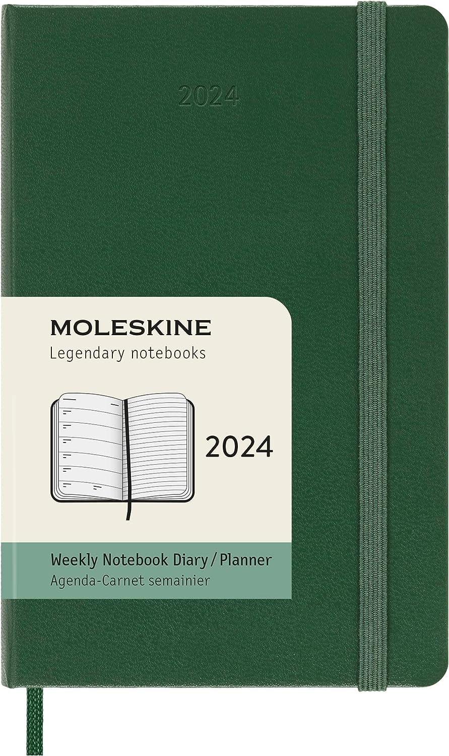 DI 2024 Moleskine 12M Weekly Notebook Pocket Myrtle Green Hard Cover