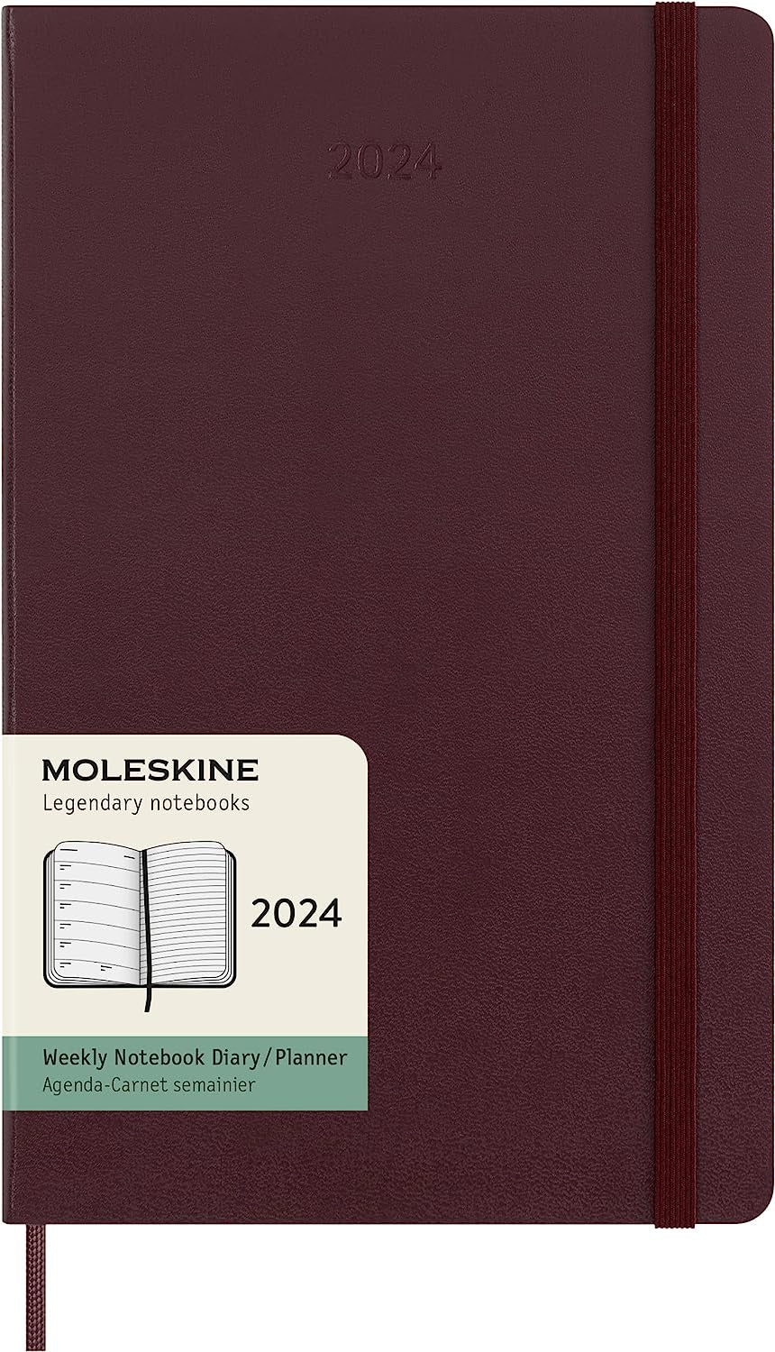 DI 2024 Moleskine 12M Weekly Notebook Large Burgundy Red Hard Cover